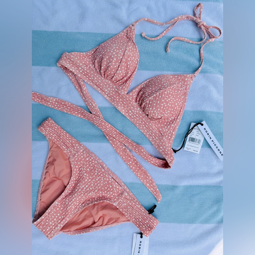 Robin Piccone designer Ally swim bikini SET in Blush with white polkadots.